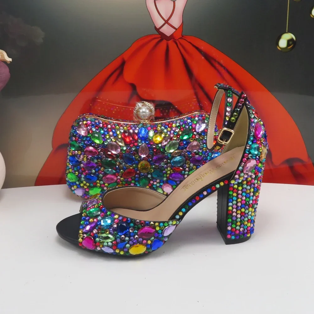 

Fashion New Open Toe Bridal Shoes and bag Multi Color Crystal Fish Toe Summer Sandals Wedding Party Shoes Bag Thick Heel Pumps