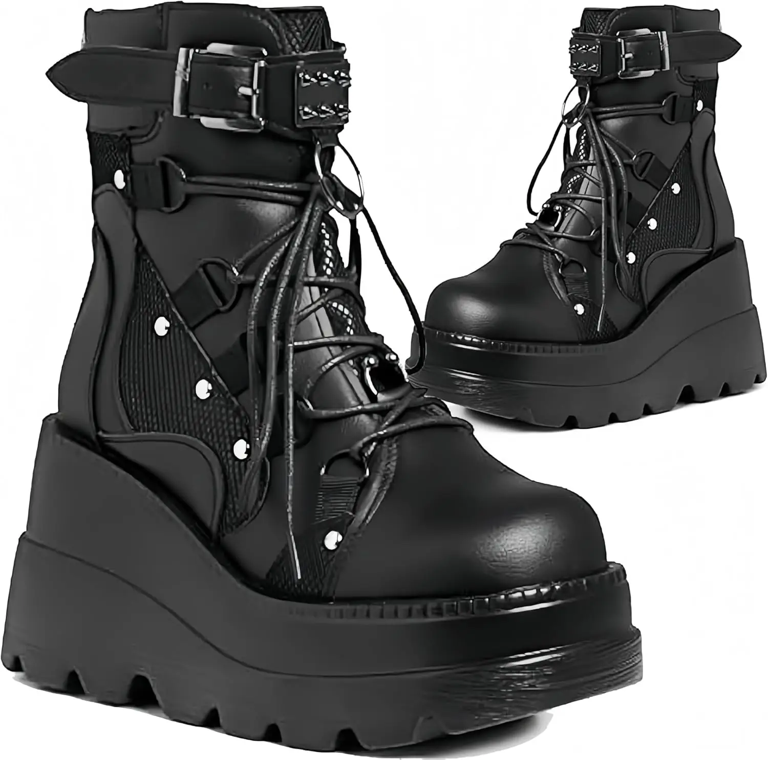 Women's Goth Cosplay Wedge Combat Ankle Boots Fashion Stylish Punk Buckle Lace-up Zipper Dress Boots Ladies Summer Outdoor Shoes
