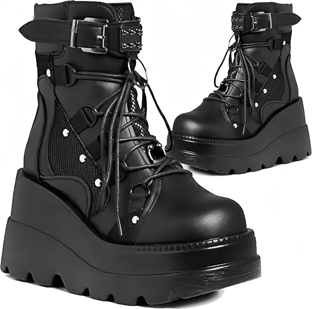 Women's Goth Cosplay Wedge Combat Ankle Boots Fashion Stylish Punk Buckle Lace-up Zipper Dress Boots Ladies Summer Outdoor Shoes