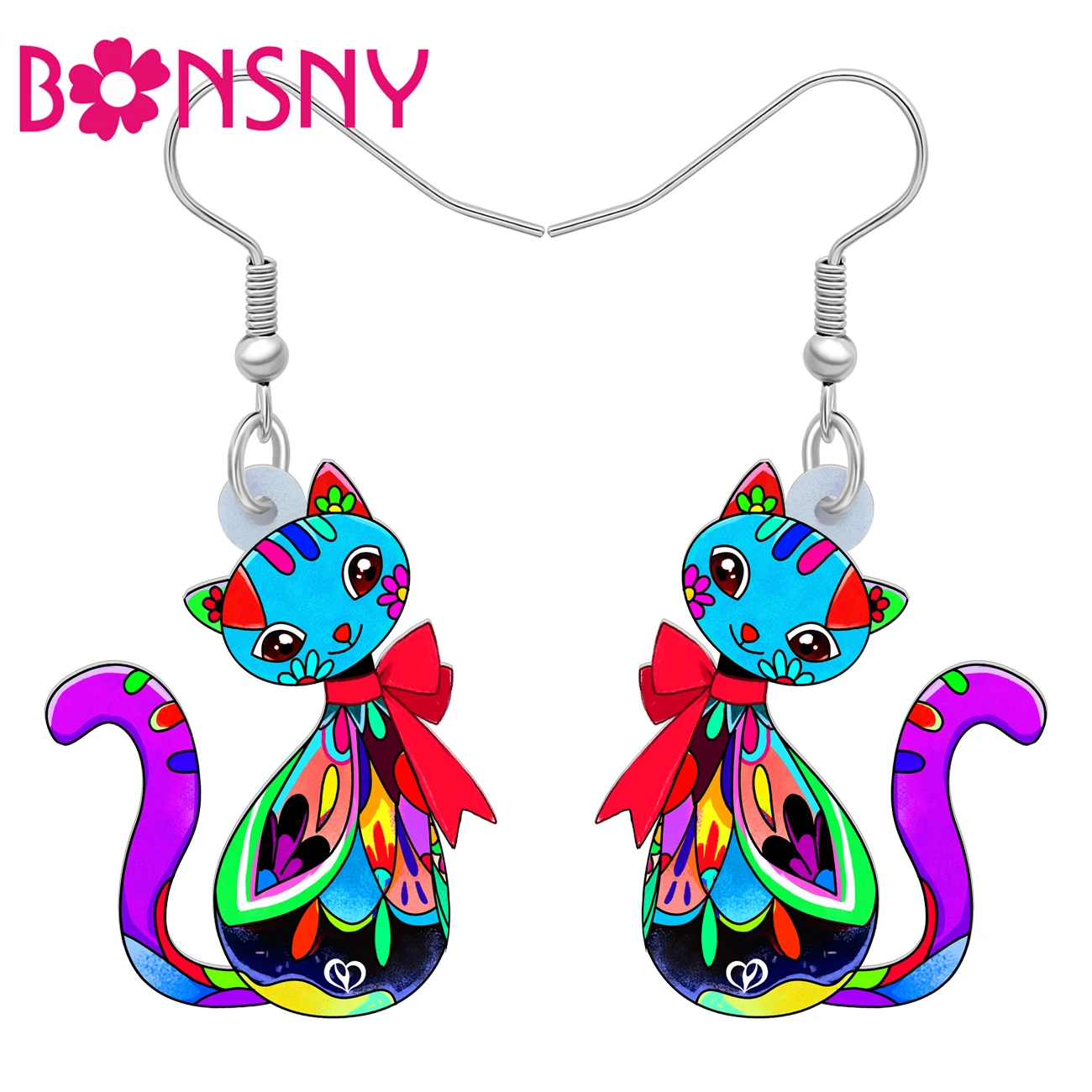 Bonsny Acrylic Cute Bow Tie Cat Earrings Novelty Sweet Animals Dangle Drop Jewelry Charms For Women Girl Teens Gifts Accessories