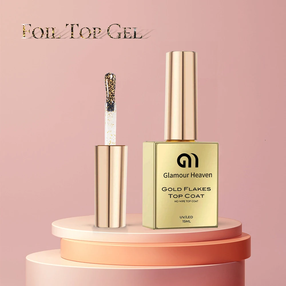 Gamour Heaven 15ml Gold Flakes Top Coat Christmas Sparkling No Wipe Glitter Top Coat Gel Nail Polish 6