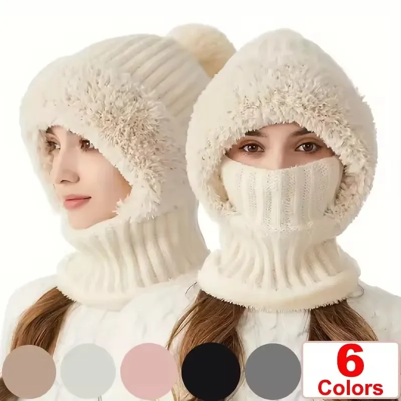 Winter Warm Balaclava Hat Thermal Knitting Plush Face Mask Hooded Neck Warmer for Outdoor Hike Cycling Cold-proof Cap