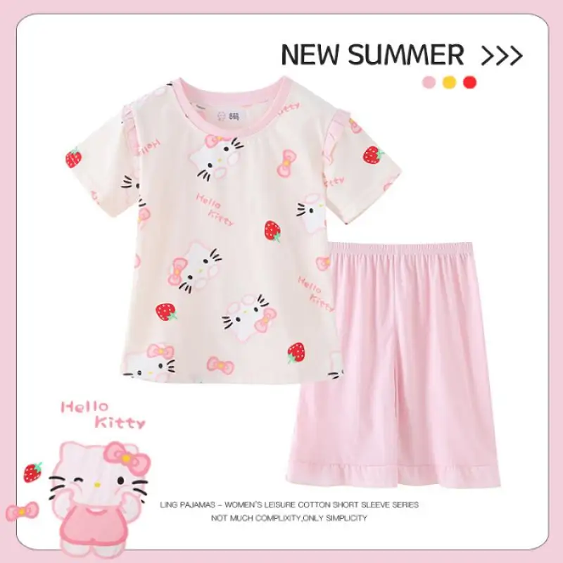 

Kawaii Sanrio Hello Kitty Cartoon Anime Kids Loungewear Sets Girls Cotton Pajamas Round Neck Print Short Sleeve Shorts 2023