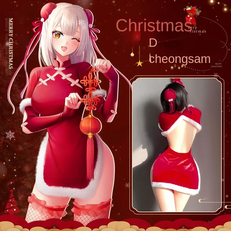 

Manyan Christmas sexy lingerie with buckles, classic mid-sleeve cheongsam, slit and hip-covering uniform set 8701