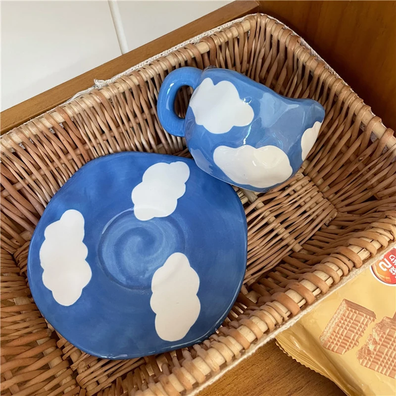 Dreamy Cloud Mug and Saucer - Blue and White Painted Cloud Sky Cup