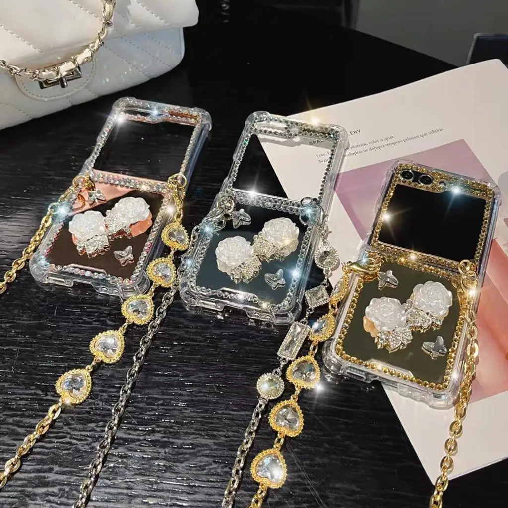 

Luxury Cute Diamond Crystal Butterfly Flower Glitter Heart Long Strap Mirror Phone Case For Samsung Galaxy Z Flip 5 4 3 5G Cover