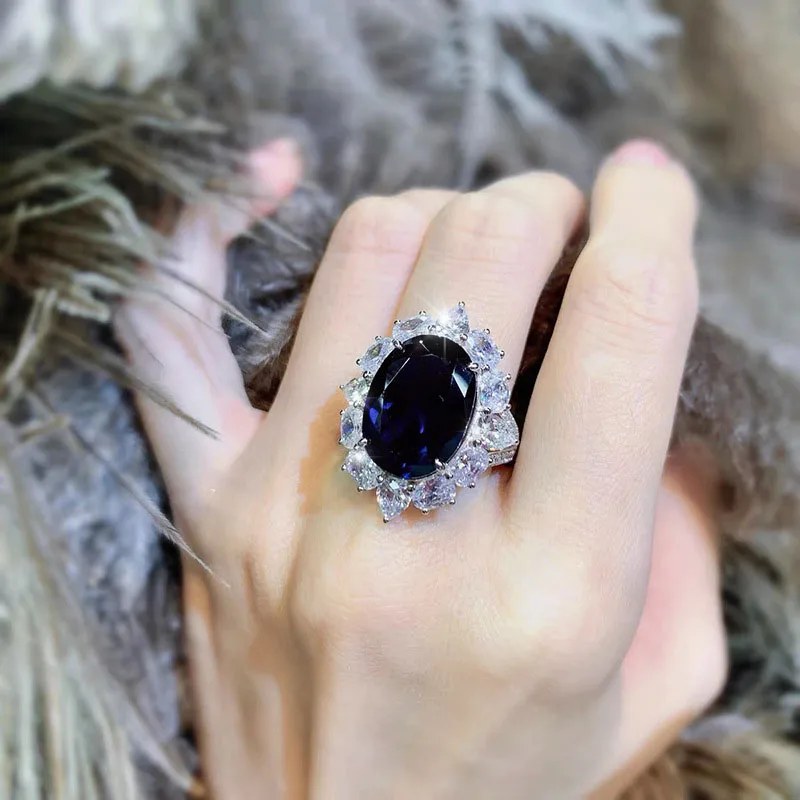 

Adjustable Fashion Dark Blue Oval Floral AAA Shiny Zircon Jewelry Wedding Engagement Rings Women's Party Prom Jewelry Gifts
