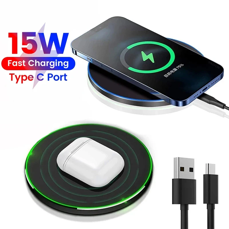 15W Qi Wireless Charger Pad Per Iphone 15 14 13 12 11 Airpods Stazione Di Ricarica Wireless Veloce A Induzione Per Samsung Xiaomi Huawei