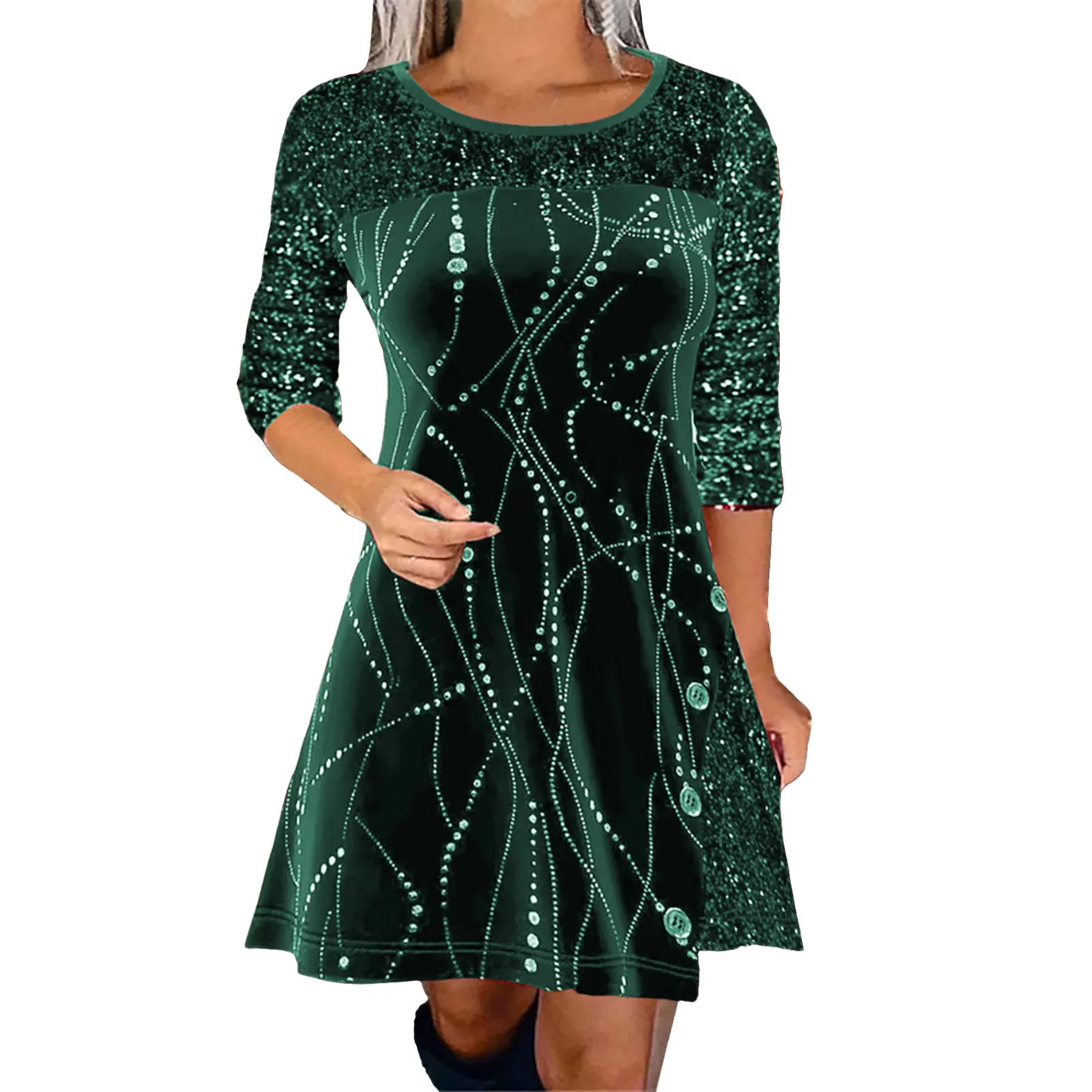 

Women Spring And Summer Solid Color Sequin Round Neck Splicing Shiny Stitching Glamorous Black ONeck Casual Robe Femme sexy