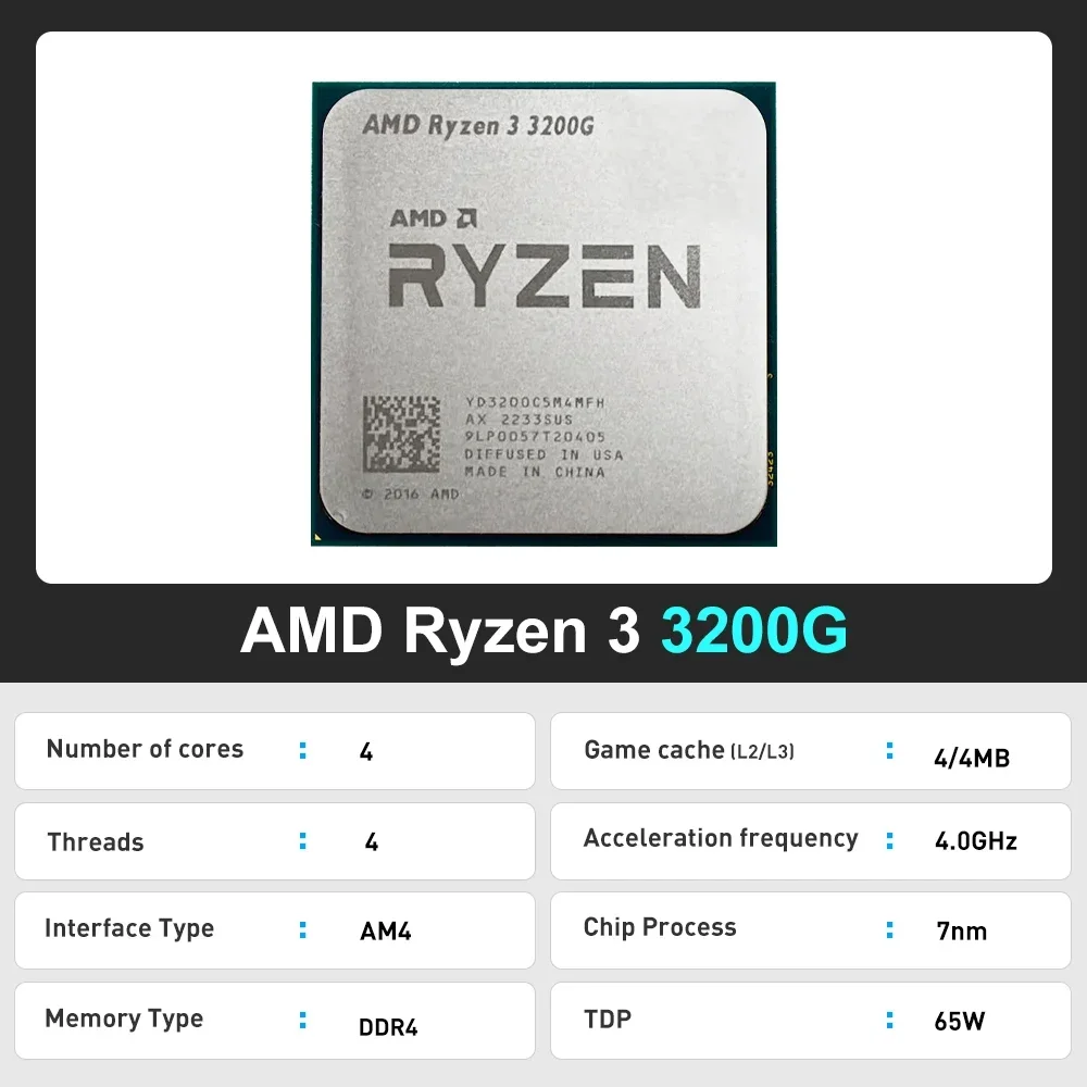 AMD 4코어 4스레드 라이젠 3 3200G 프로세서 4.0GHz 4MB L3 캐시 R3 3200G 소켓 AM4 (쿨러 미포함)