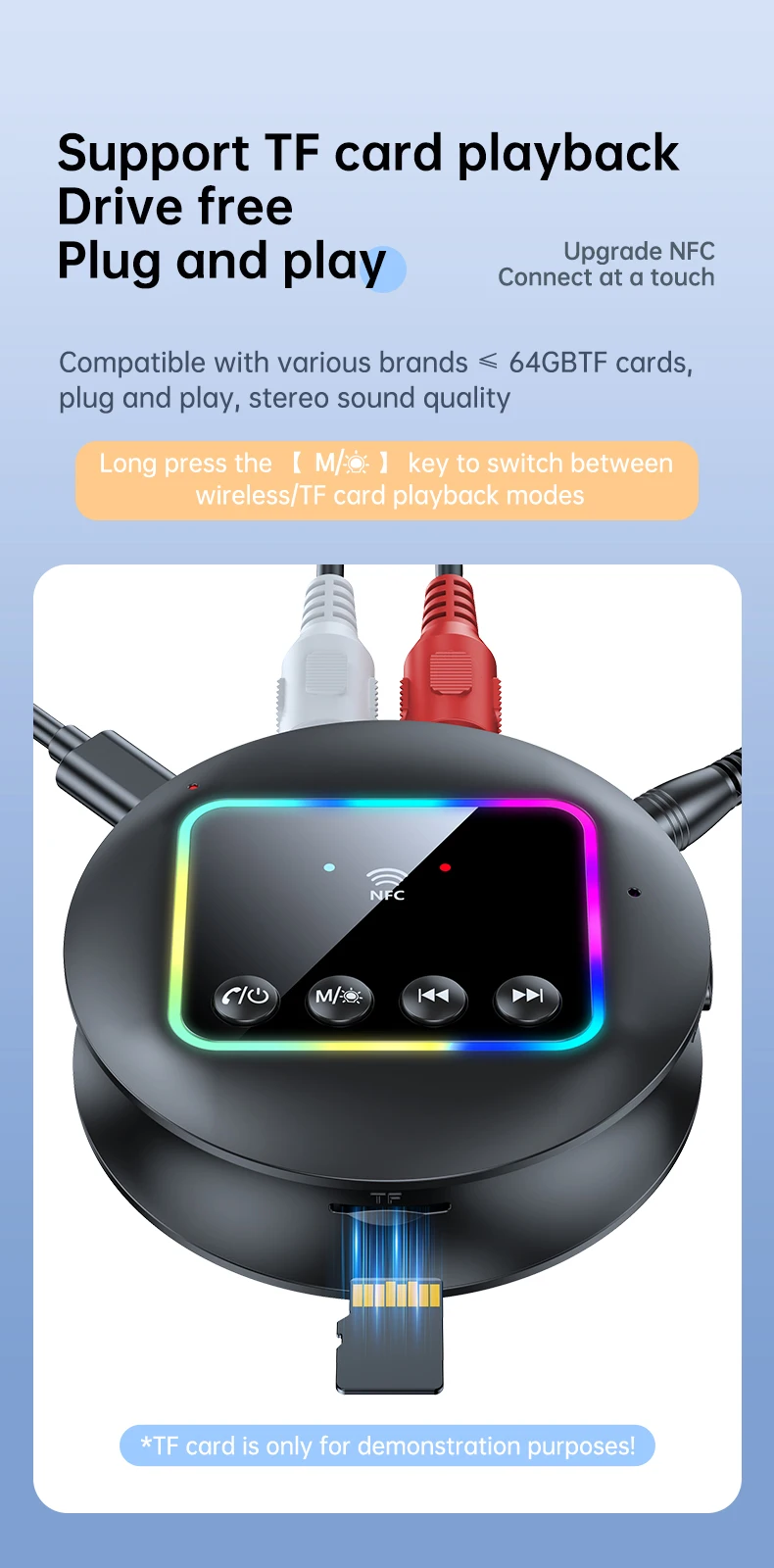 Wireless Audio Receiver Transmitter Adapter Bluetooth 5.4 AUX RCA TF Card NFC Li