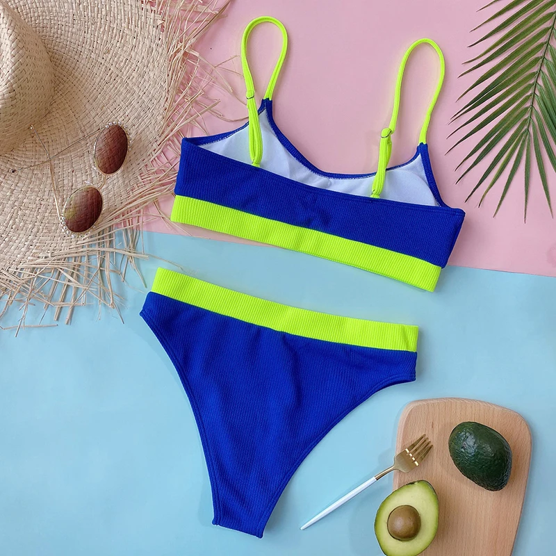 swimwear Ribbing Two-piece Suits 2022 Sexy Bikini Set High Waist Pleated Wavy Blue Neon Swimsuit Women Bandage Swimwear Push Up Beachwear womens swimwear