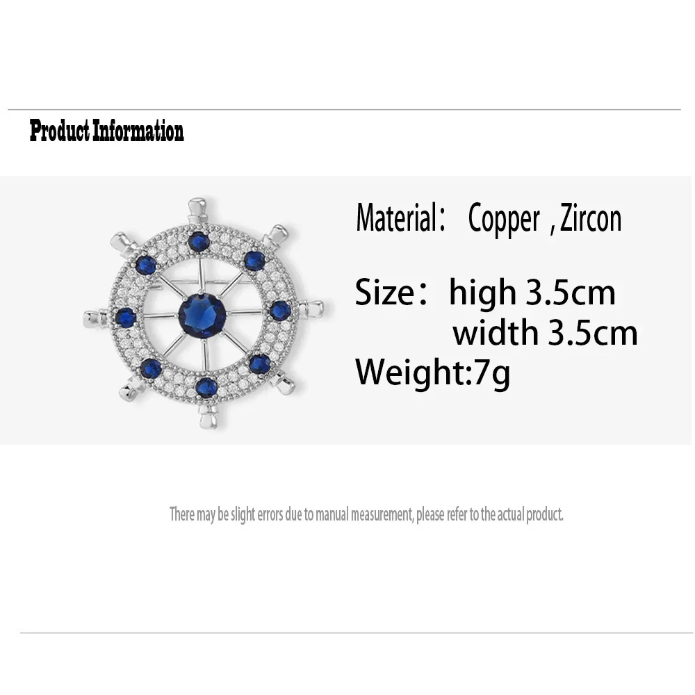 New Blue Crystal Rudder Brooch for Women Men Suit Shirt Badge Lapel Pins Personalized Jewelry Clothing Coat Accessories Gifts