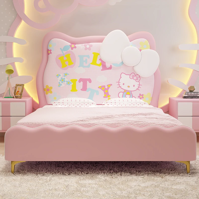 Children's bed girl 1.5 meters luxury cartoon Kitty cat single bed Princess bedroom solid wood leather pink