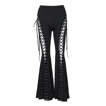 Pantaloni svasati punk sexy neri scuri Pantaloni lunghi da donna Lace Up Front Hollow Cut Out Bell Bottom legati a vita alta Streetwear 1