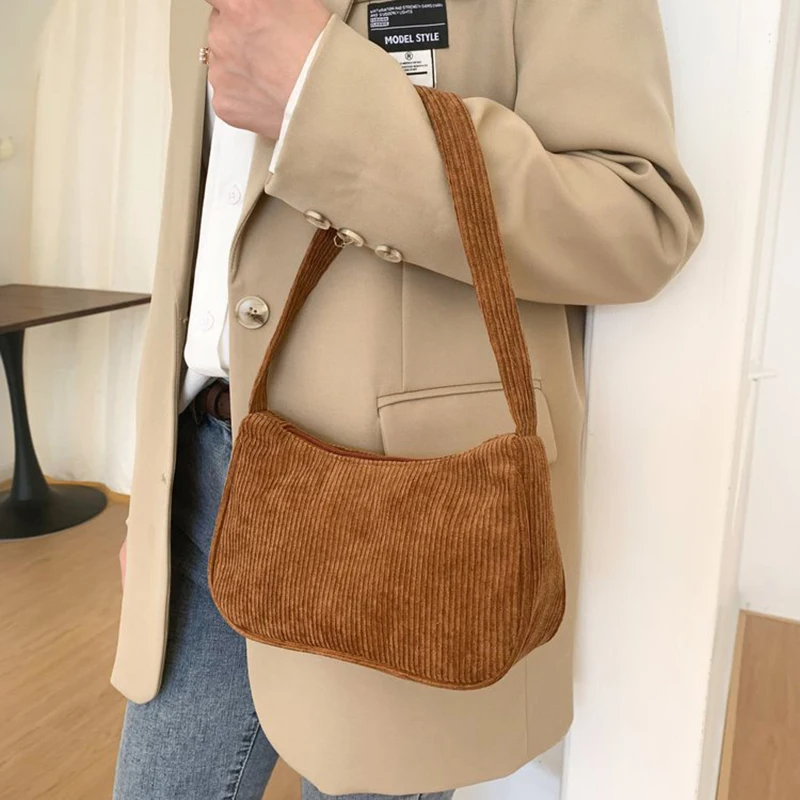 Fashionable Retro Half Moon Corduroy Underarm Bag - Women's Solid Color Shoulder Clutch