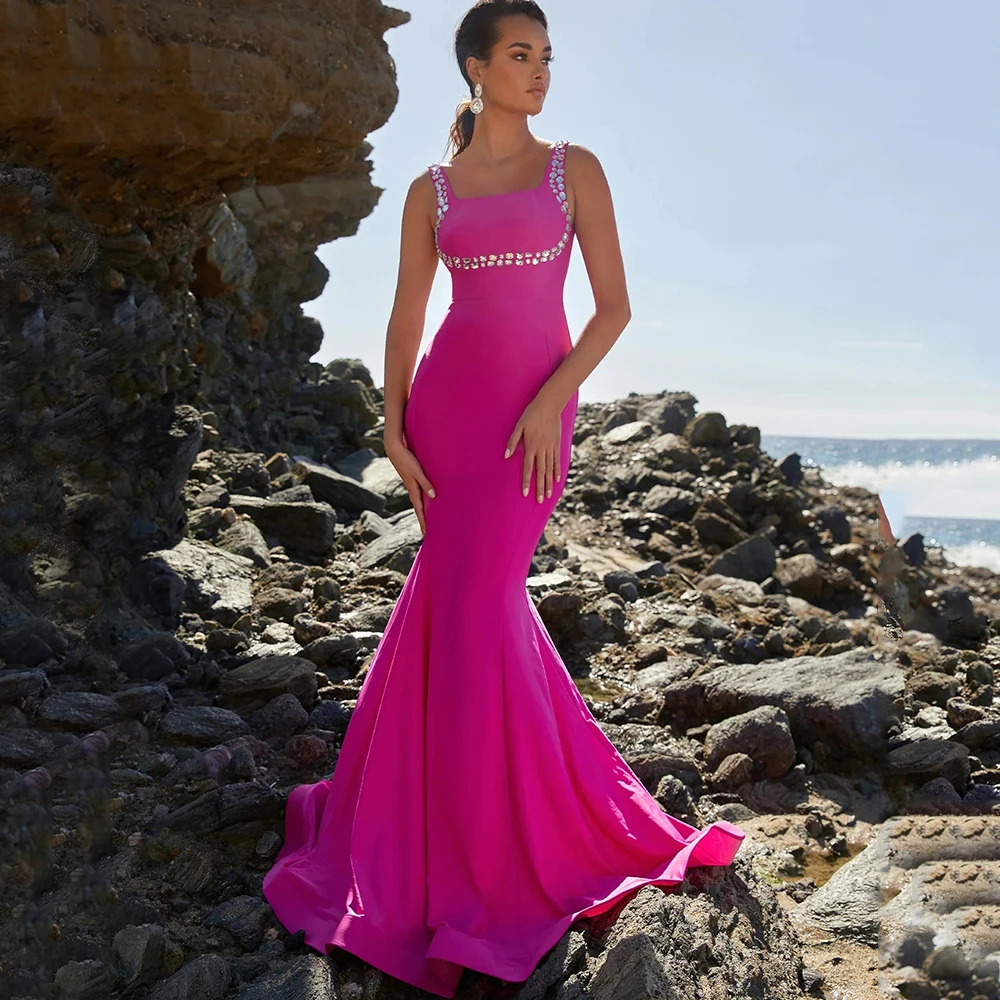 

Chic Square Collar Sleeveless Evening Dress Sexy Mermaid Floor Length with Diamonds Women Open Back Custom Made Party Gowns