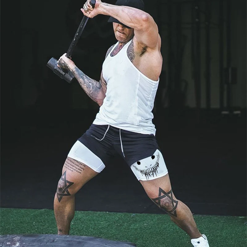 Mens 2 in 1 Running Shorts Print Performance Shorts Gym