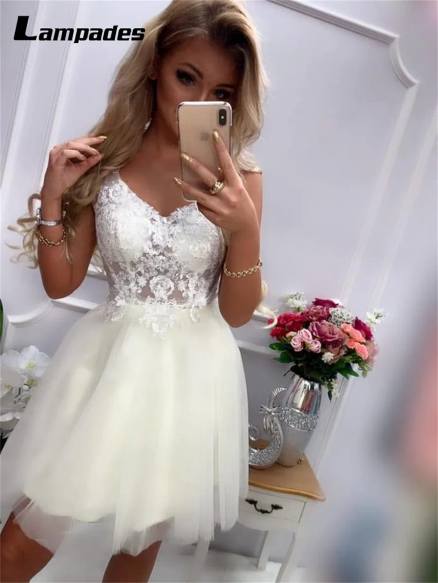 V-neck Beige Tulle See Through Short Party Dress Woman Cocktail Special Occasion Dresses Dress For Guest Wedding Party