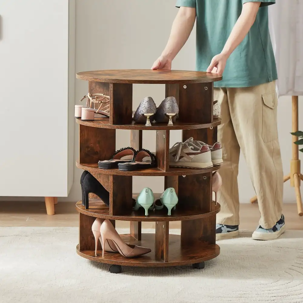 

4 Tier Revolving Shoe Storage with 4 Wheels, 360 Spinning Wood Round Shoe Rack for 16 Pairs Shoes