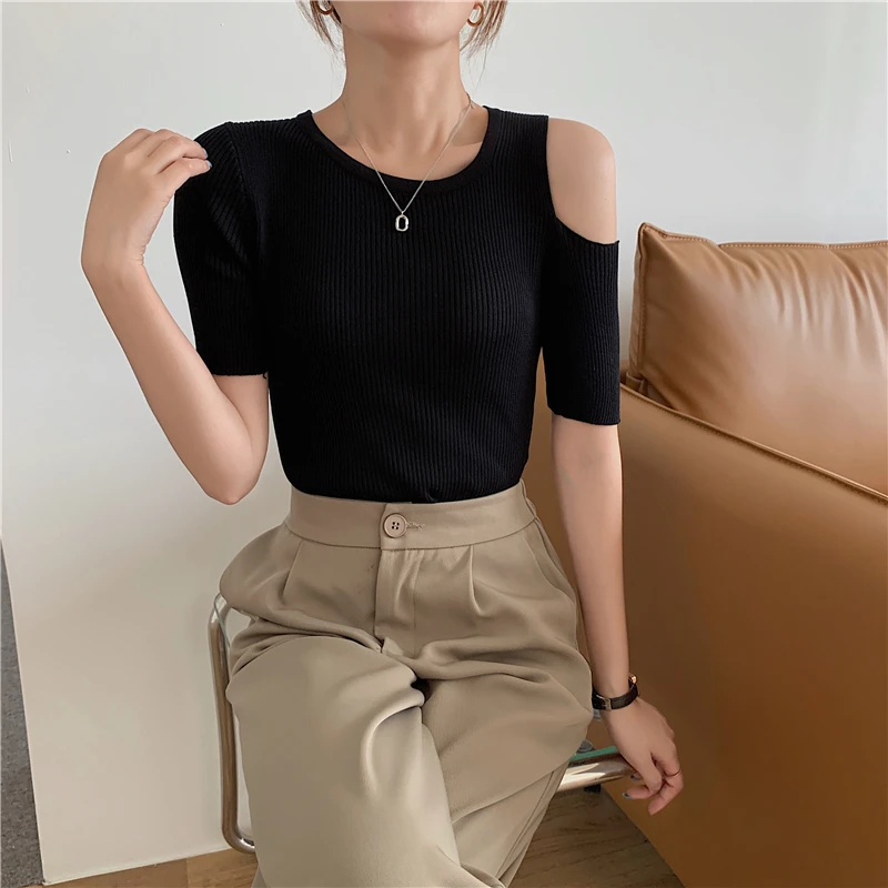 2022 Summer Knitted Sweater Pullovers Off Shoulder Sweater for Women Short Sleeve White Black Soft Female Jumper Clothing pullover sweater