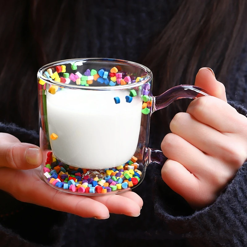 200ml Multicolor Heart Shaped Quicksand Cup Creative Double Layer Glass Cup Coffee Mug Milk Tea Juice Water Glass Drinkware glass water cup,double wall glass cup