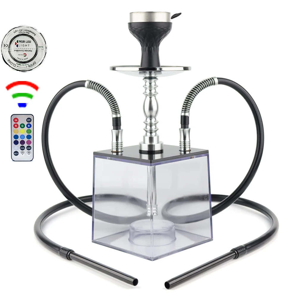 Acrylic Square Hookah Set 2 Hoses Shisha Box Complete with Nice RGB LED