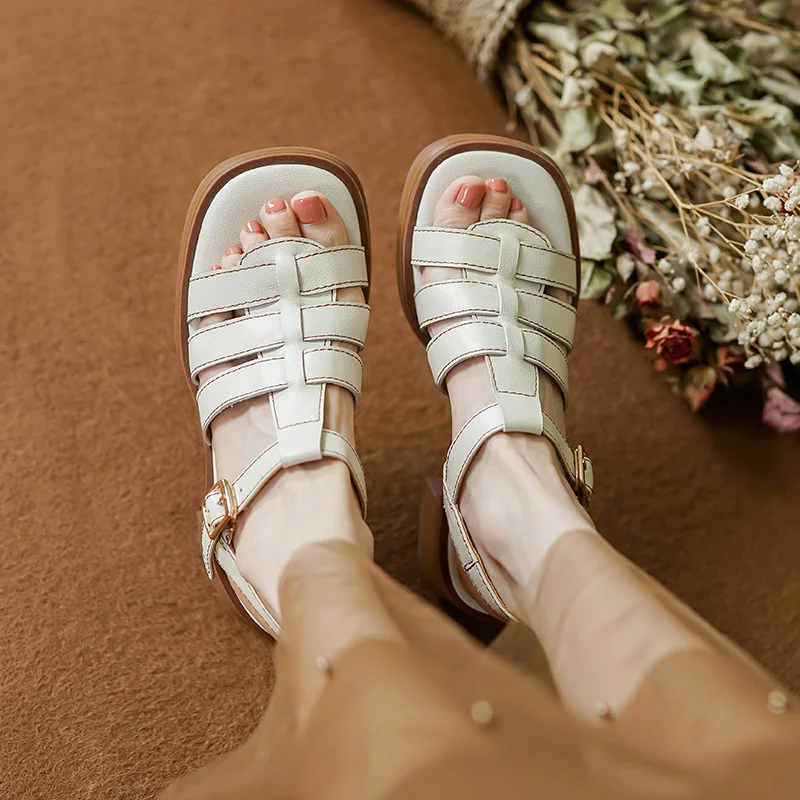 

Woman Summer Sandals Roman Style Retro Shoes On Thick Heel 5.5CM Open Toe Sandalias Elegant Lady Shoes Cowhide Gladiator Sandals