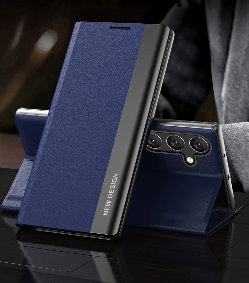 Leather Flip Phone Case with Shockproof Stand and Durable Hard PC Cover