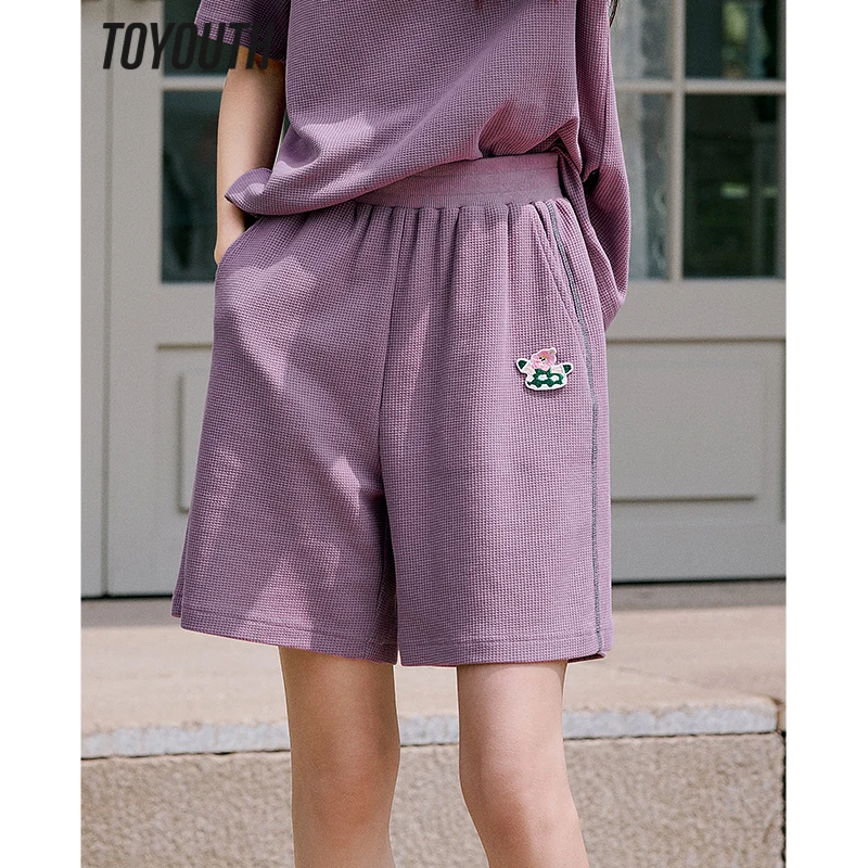 Toyouth Women Casual Shorts 2023 Summer Elastic Waist Straight Loose Pants Waffle Fabric Embroidery Casual All Match Trousers - Одежда и аксессуары для женщин