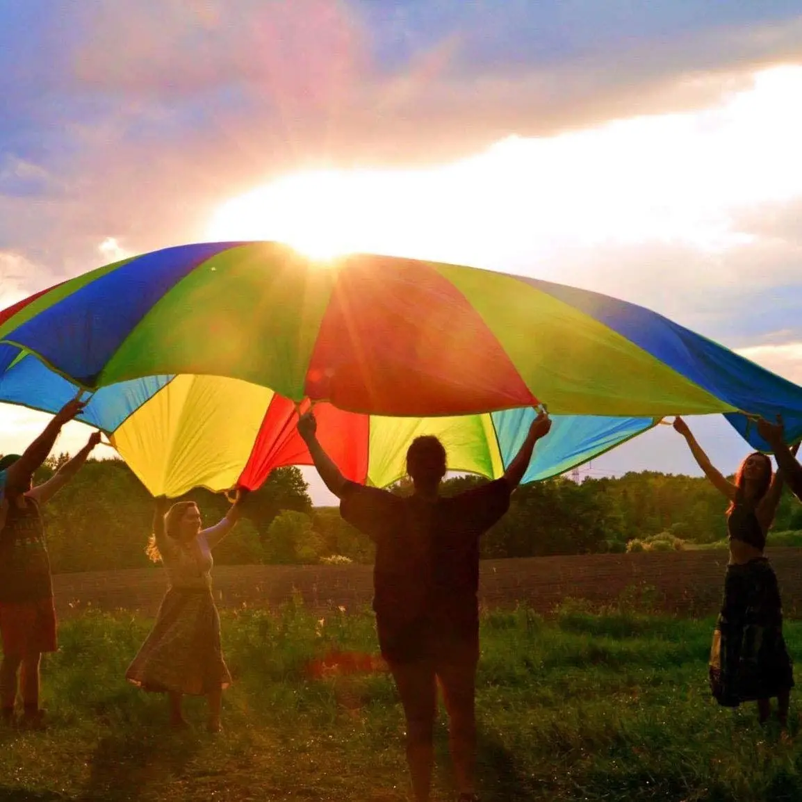 Parachute Play Toy With Handles Outdoor Team Game Waterproof Umbrella Toy Development Training For Children Rainbow Parachute