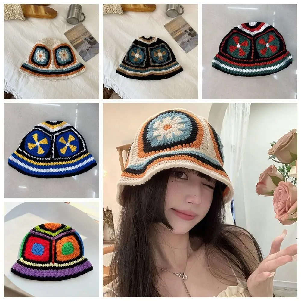 

Basin Hat Crochet Bucket Hat Rainbow Panama Cap Ethnic Style Beanies Korean Handmade Flower Knitted Hat Apparel Accessories