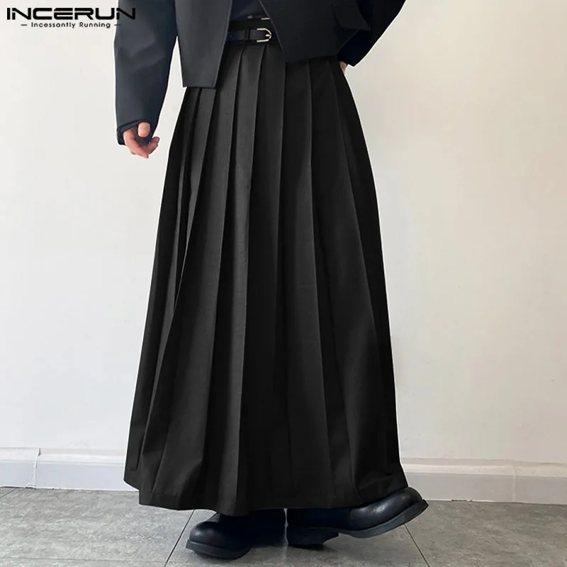 Men Casual Skirts Solid Color Pleated Zipper Loose Trousers Personality Streetwear Leisure Fashion S-5XL