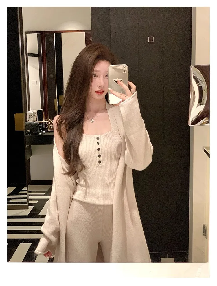 Conjunto de 3 piezas de punto para mujer, chaleco con cuello halter, cárdigan largo, pantalones largos, ropa informal lisa de moda coreana, otoño e invierno, nuevo