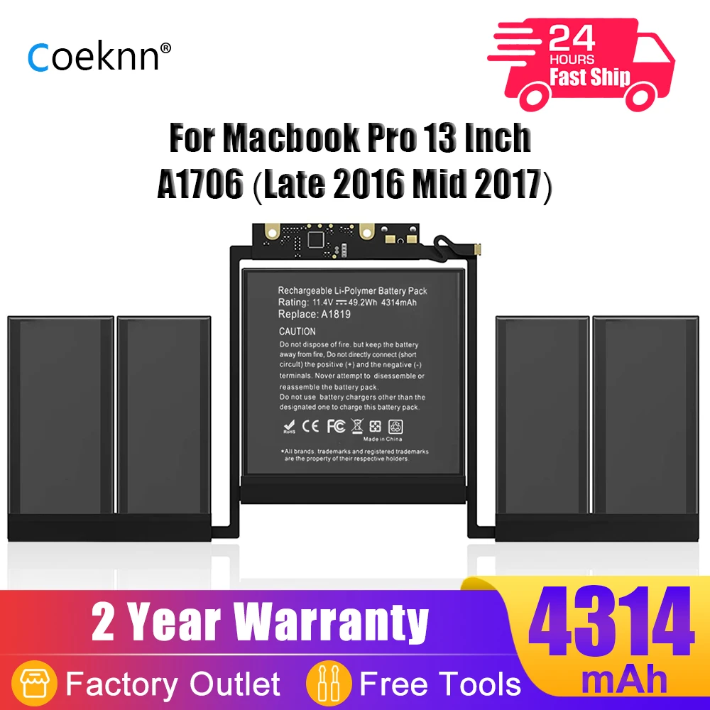 

Coeknn 11.4V A1819 Battery for Apple MacBook Pro 13'' Touch Bar A1706 (Late 2016 Mid 2017) EMC 3071 EMC 3163 MLH12LL/A 4314mAh