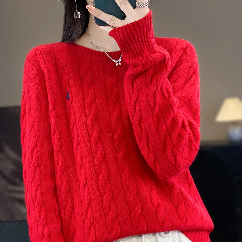 

100% wool sweater Women's sweater twist autumn and winter high-grade crew-neck thickened small fragrant wind knitted cashmere sw