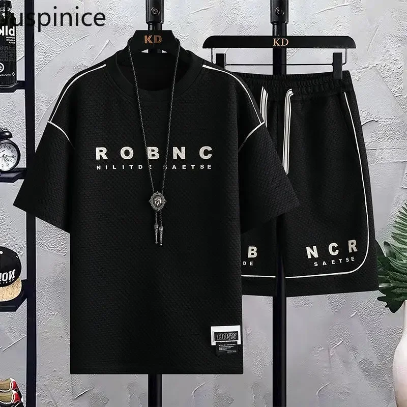 Summer Ice Silk Short-sleeved T-shirt Five-quarter Pants Suit Men's Loose Thin Casual Top Shorts Sports Set Male Clothes 3