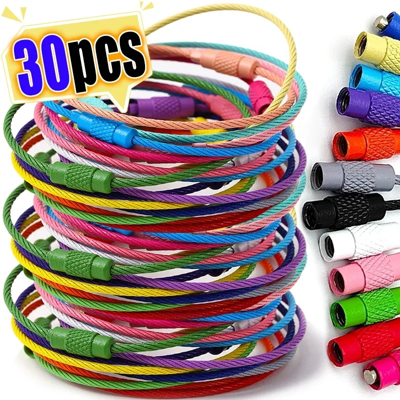 Metal Keychain Stainless Steel Wire Keychain Ring Key Keyring Multiple Colors Circle Rope Cable Loop Outdoor Camp Luggage Tag Screw Lock Gadget