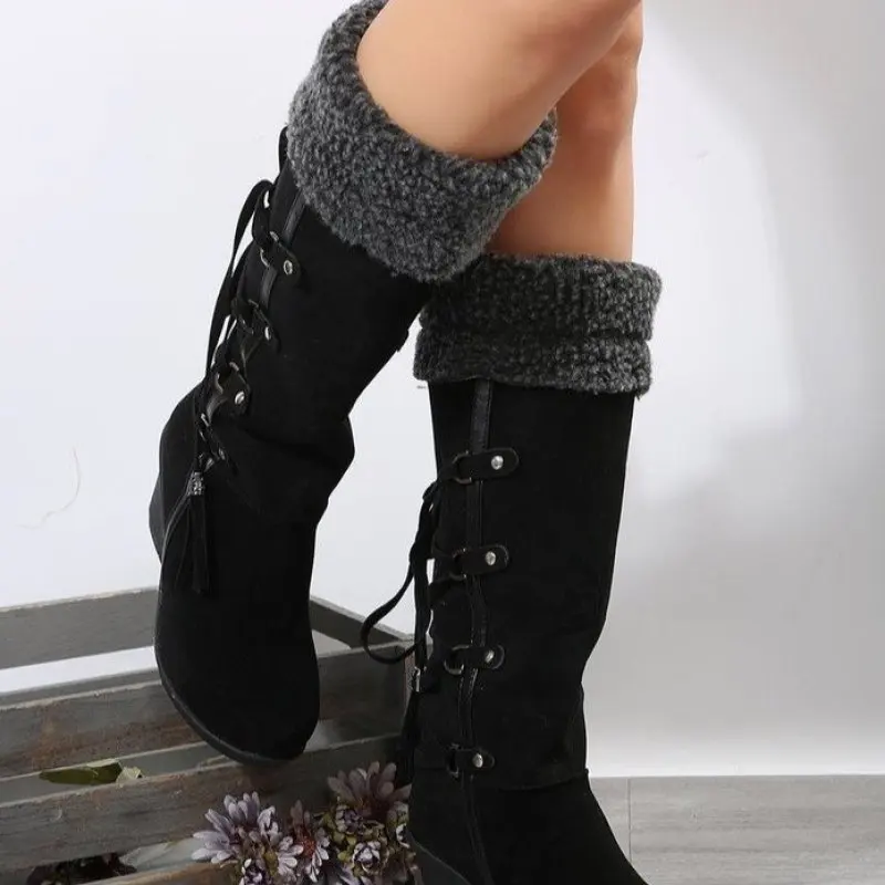 NEW Women's Winter Fashion Lace-up Tassel Long Boots Women Platform Wedge Snow High Boots Warm Cotton Fashion Plush Plus Size 42