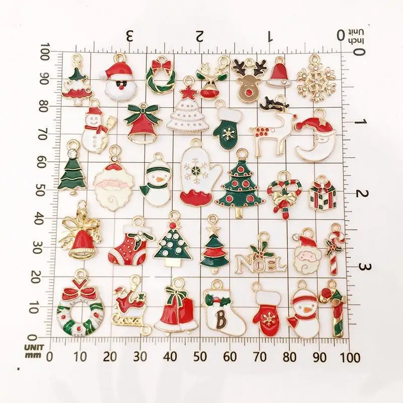 38Pc Christmas Style Small Pendant Christmas Earrings Pendant Diy Jewelry Accessories Santa Claus Snowman Bell Pendant Necklace