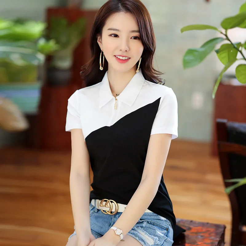 

Summer Women's Short Sleeve Contrast Color Patchwork Lapel T-shirt Female Versatile Loose Casual Daily Pullover Zip Neck Tee Top