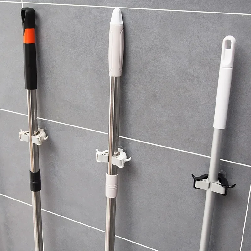 New Wall Hanging Cowhorn Mop Clip Creative Hook Scratch Free Adhesive Mop Rack Bathroom Kitchen Storage and Organization
