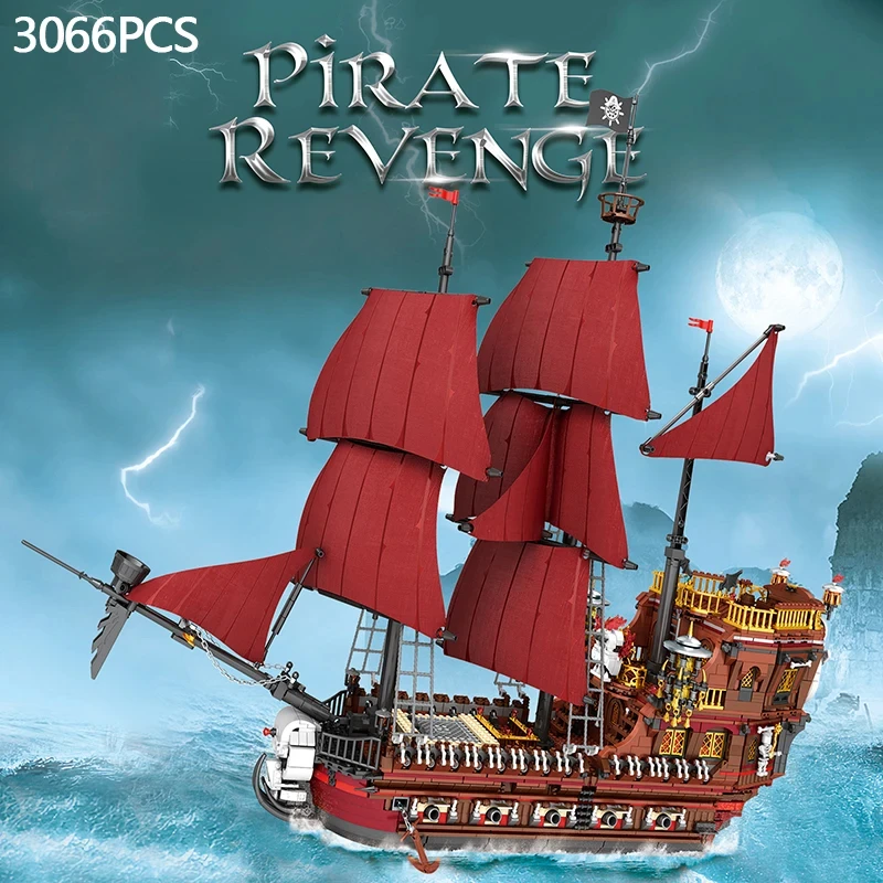 3066PCS Red Sail Boat Building Blocks Queen Anne's Revenge Pirate