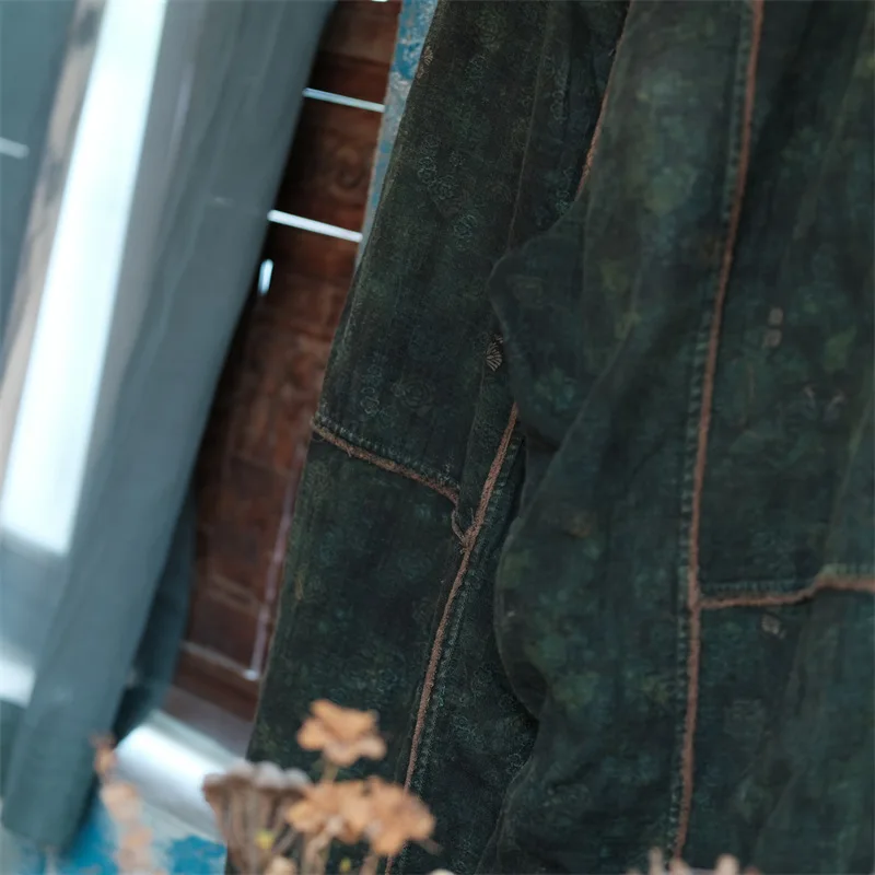 Johnature 여성 빈티지 가을 넓은 다리 바지 탄성 허리 코튼 바지 패치 워크 느슨한 2025 새로운 짙은 녹색 바지