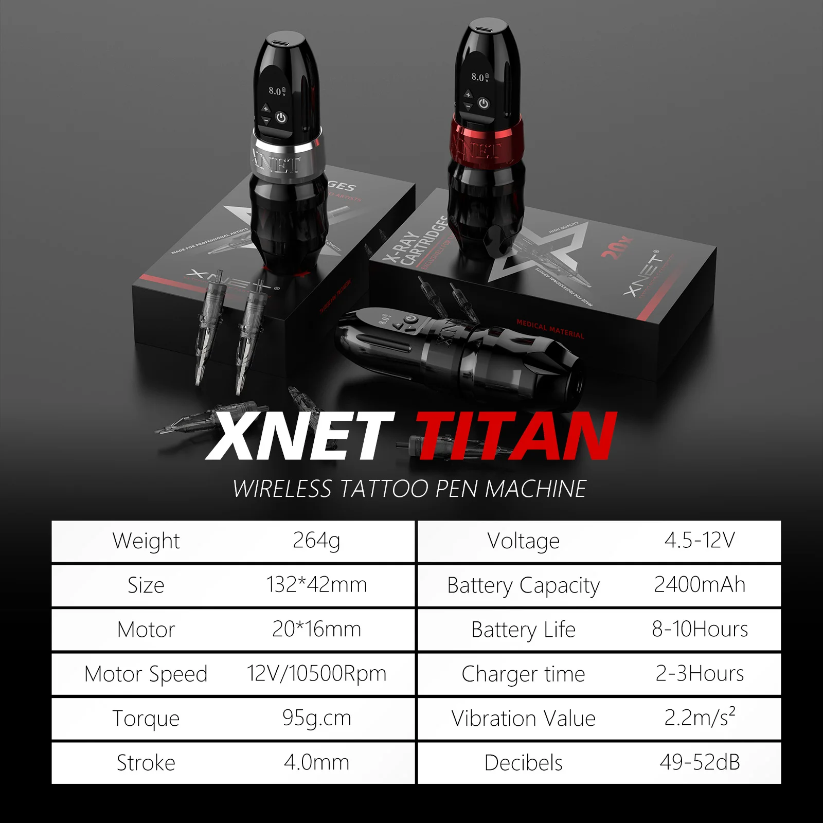 Xnet Titan 2024 Draadloze Tattoo Machine Draaipen Met Extra 38Mm Grip 2400Mah Batterij Digitaal Lcd-Scherm Voor Artiest Lichaam