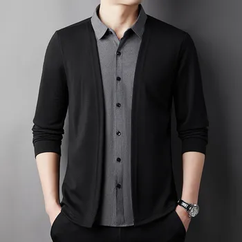Camicia Finta a Due Pezzi da Uomo, Maniche Lunghe, Colletto, Vestibilità Ampia, Abbigliamento Casual
