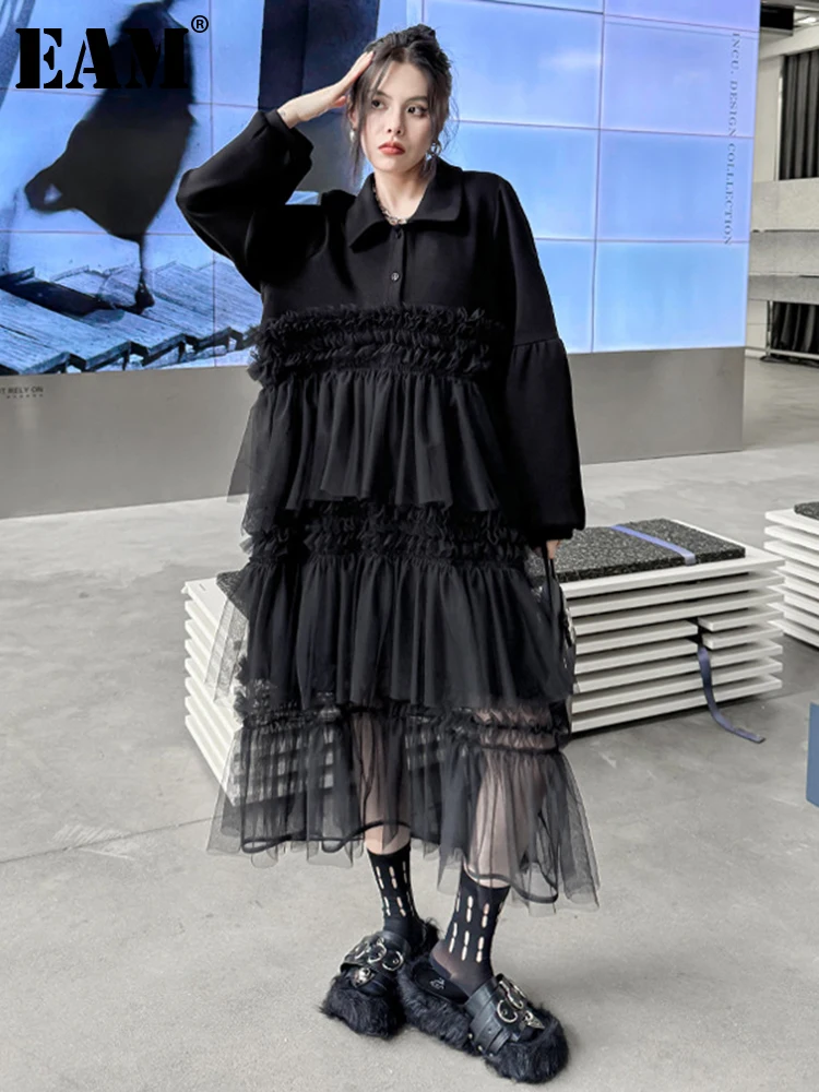 

[EAM] Women Black Ruffles Layers Mesh Big Size Shirt Dress New Lapel Long Sleeve Loose Fashion Tide Spring Autumn 2024 1DH3628