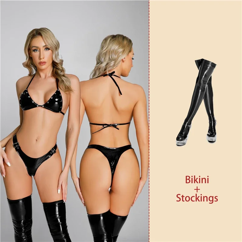 

AIIOU Women Erotic Push Up Bra Bikini with Stockings Sexy PU Patent Leather Lingerie Sets Intimates Underwear Mistress Costumes