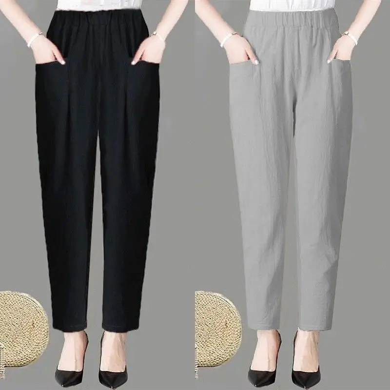 Large Size Korean Casual Thin Cotton Linen Pants Women Spring Summer Elastic Waist Ankle-Length Pants Woman Harem Trousers
