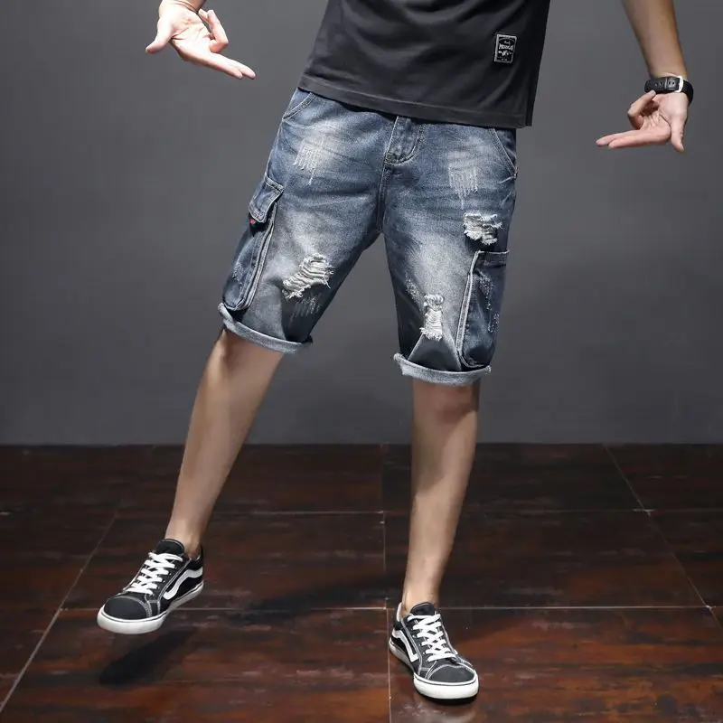 Cargo Straight Male Denim Shorts Bermuda Ripped Men's Short Jeans Pants Stretchable Wih Zipper Luxury Buttons Wide Summer New In